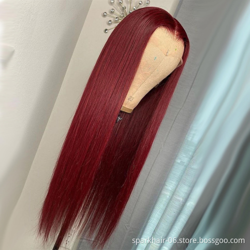 Peruvian Straight Hair 13x4 Lace Front Wig Human Hair Wigs 99J Red Burgundy Pre-Plucked 180% Remy Human Hair Deep Part Wigs